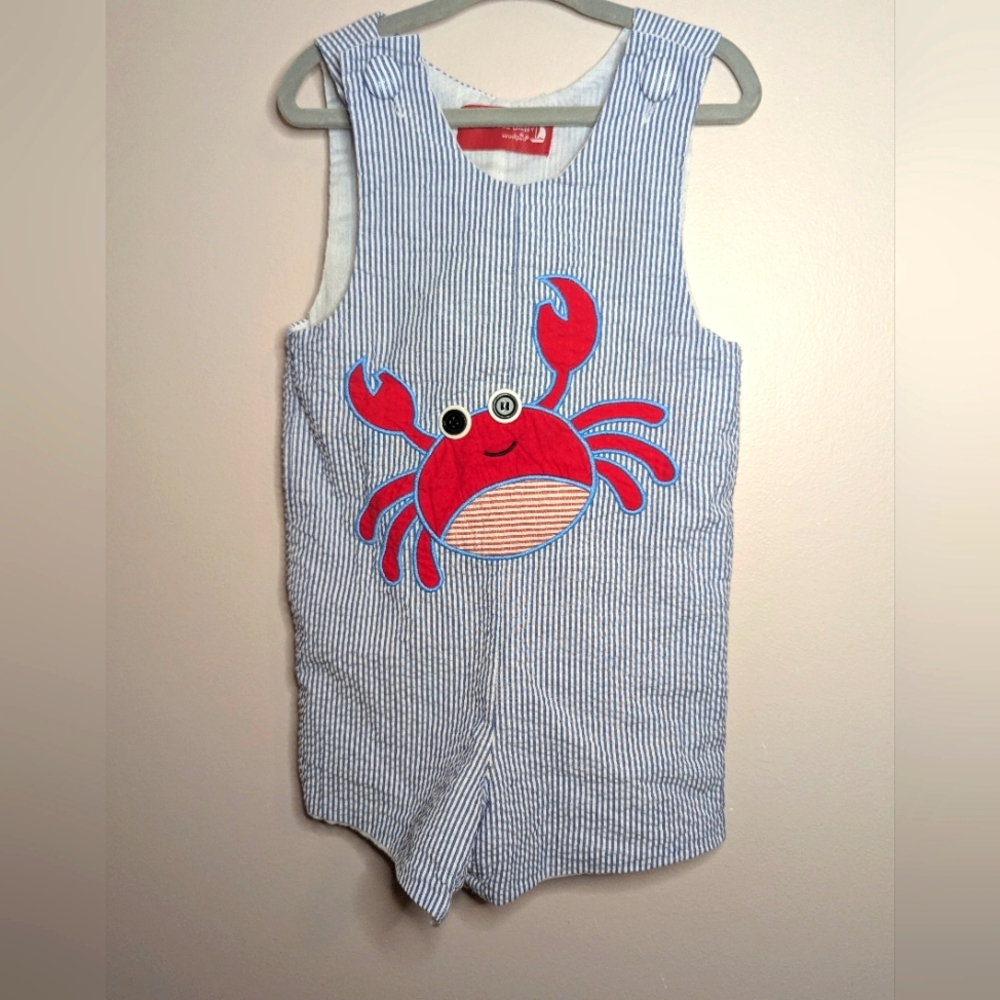 Mud Pie Boutique Seersucker Striped Blue and White Romper with Red Crab Design